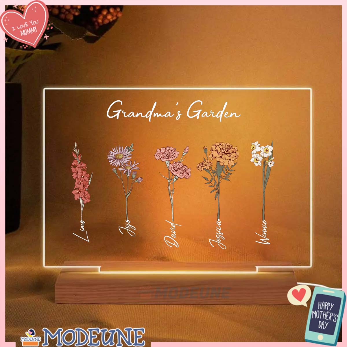 Mama's Garden Flowers Custom Acrylic Plaque LED Night Light