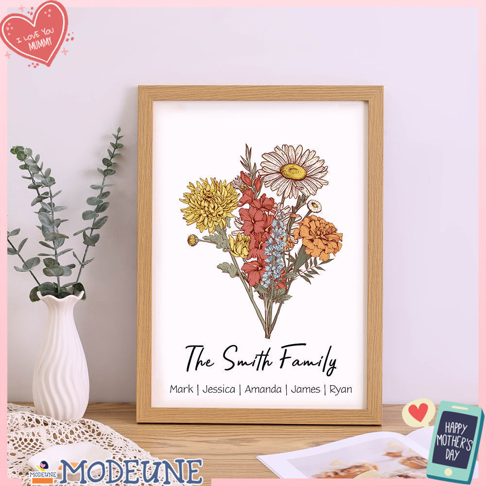 Birth Flower Family Bouquet Personalized Names Frame