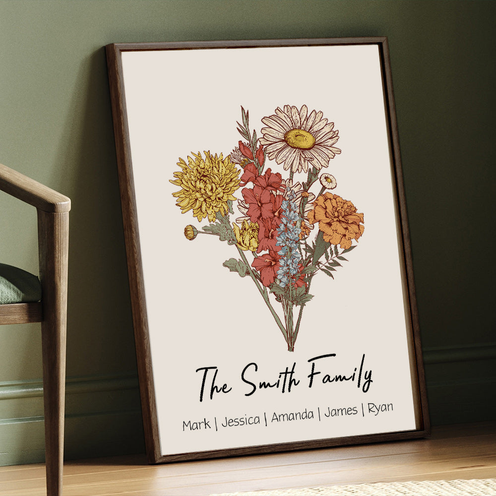 ⭐️Birth Flower Family Bouquet Personalized Names Frame⭐️