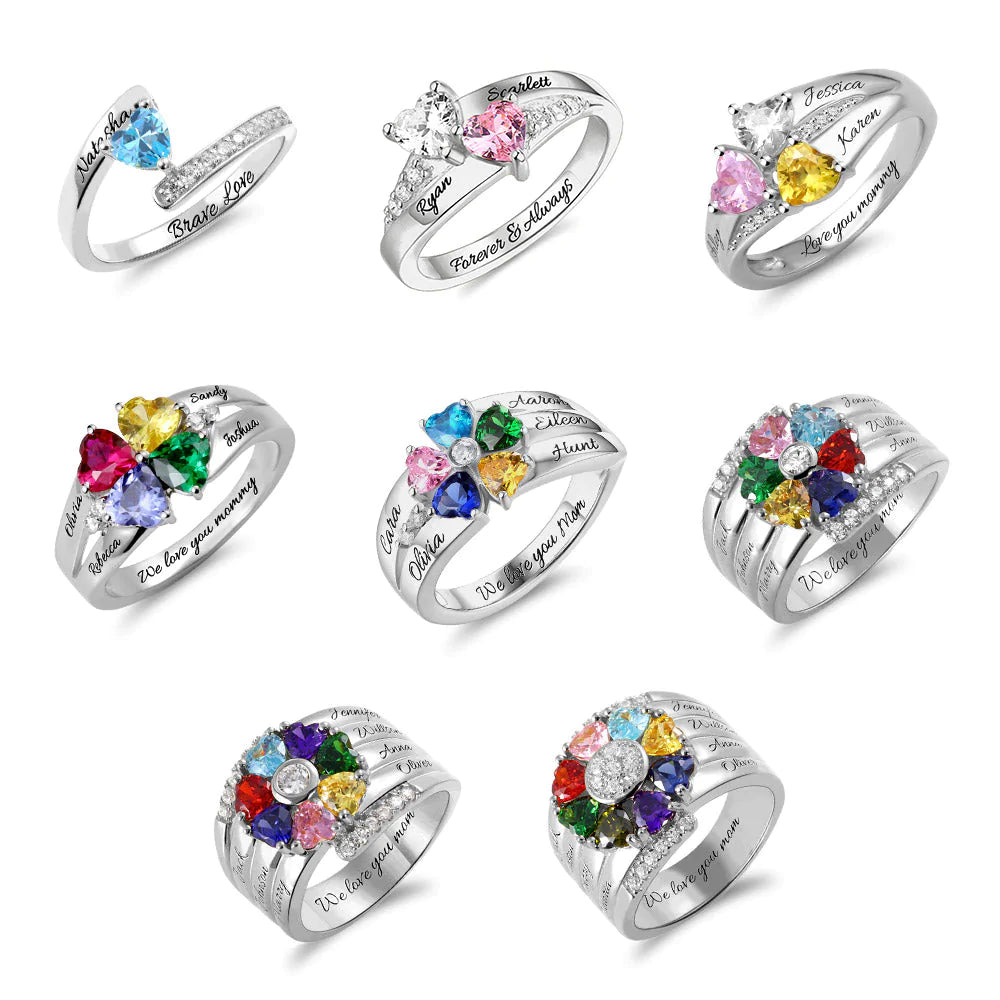 Custom Engarving Heart Birthstone Flower Ring