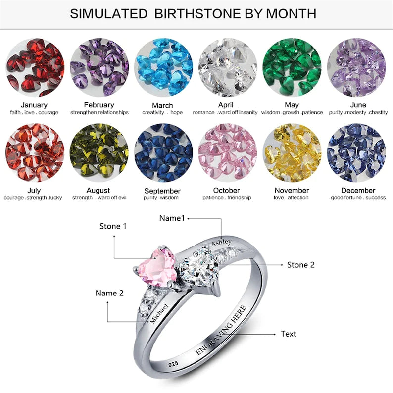 Custom Engarving Heart Birthstone Flower Ring