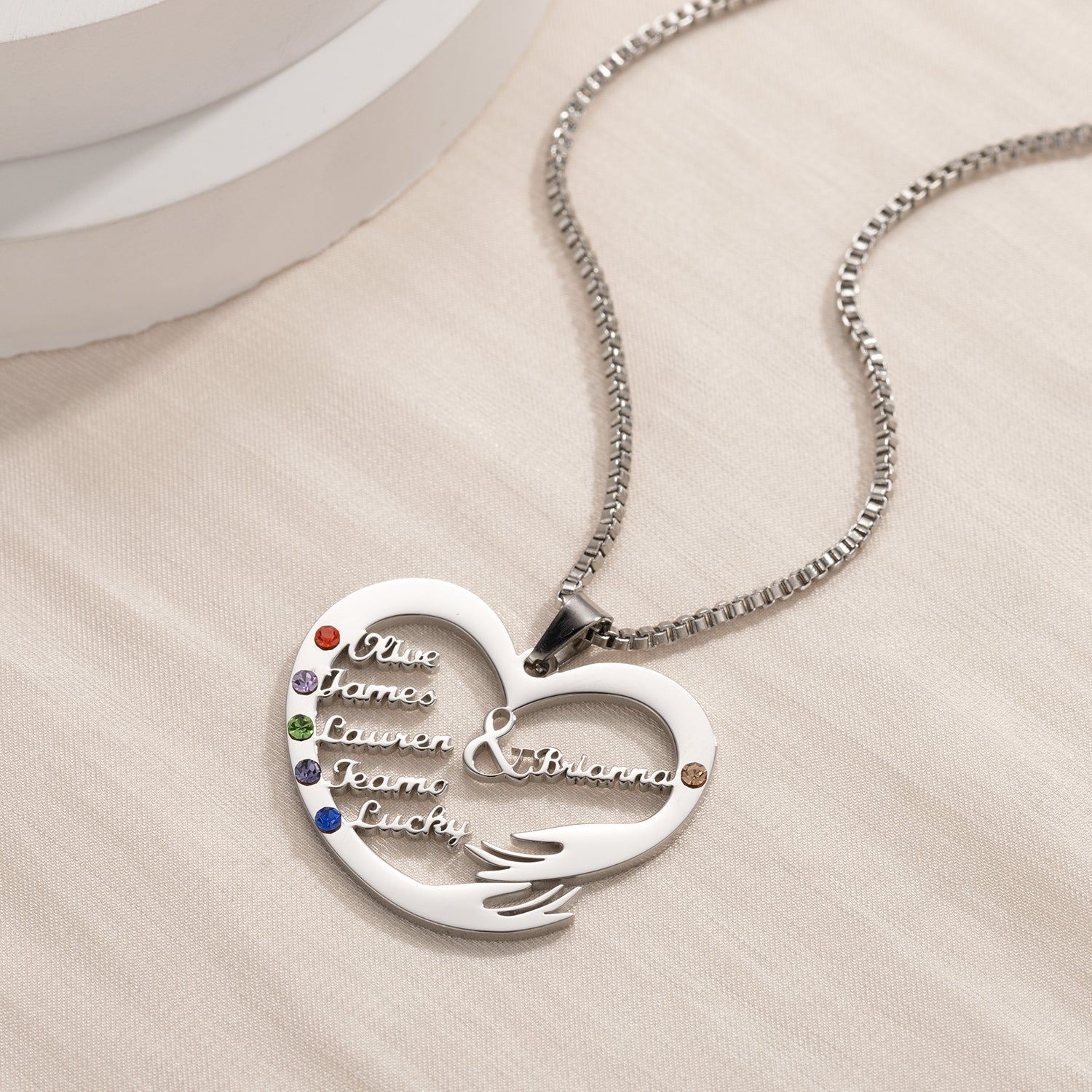 Custom Heart Hand Hug Necklace With Birthstones for Mom