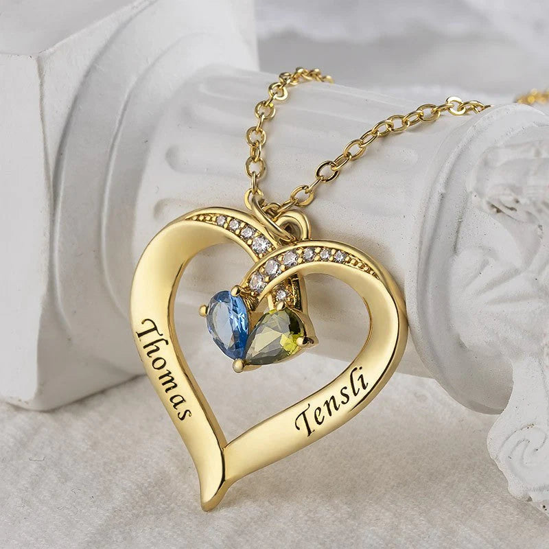 Custom Names Heart Necklace With Birthstones