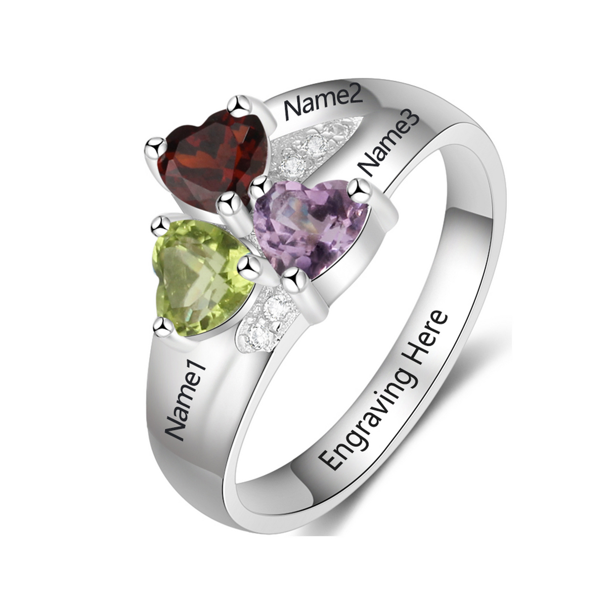 Custom Engarving Heart Birthstone Flower Ring